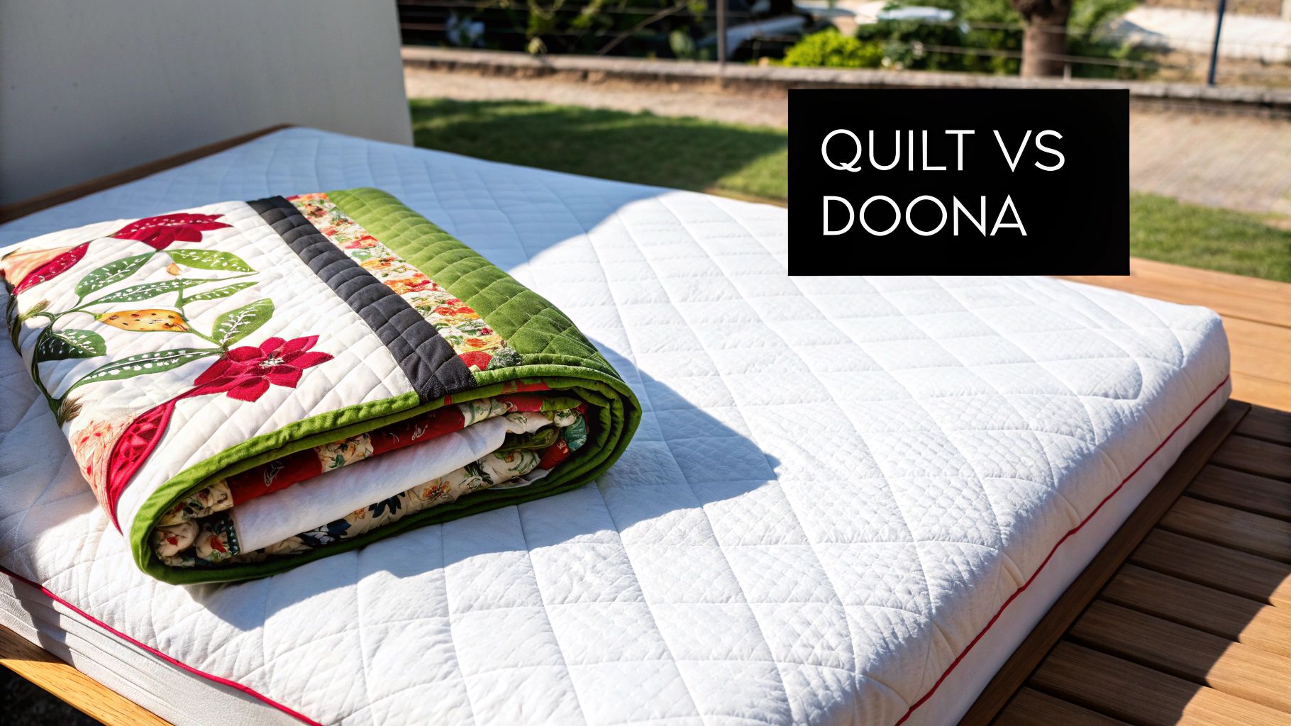 A colorful floral quilt and a white quilted mattress outdoors, with text 'QUILT VS DOONA'.