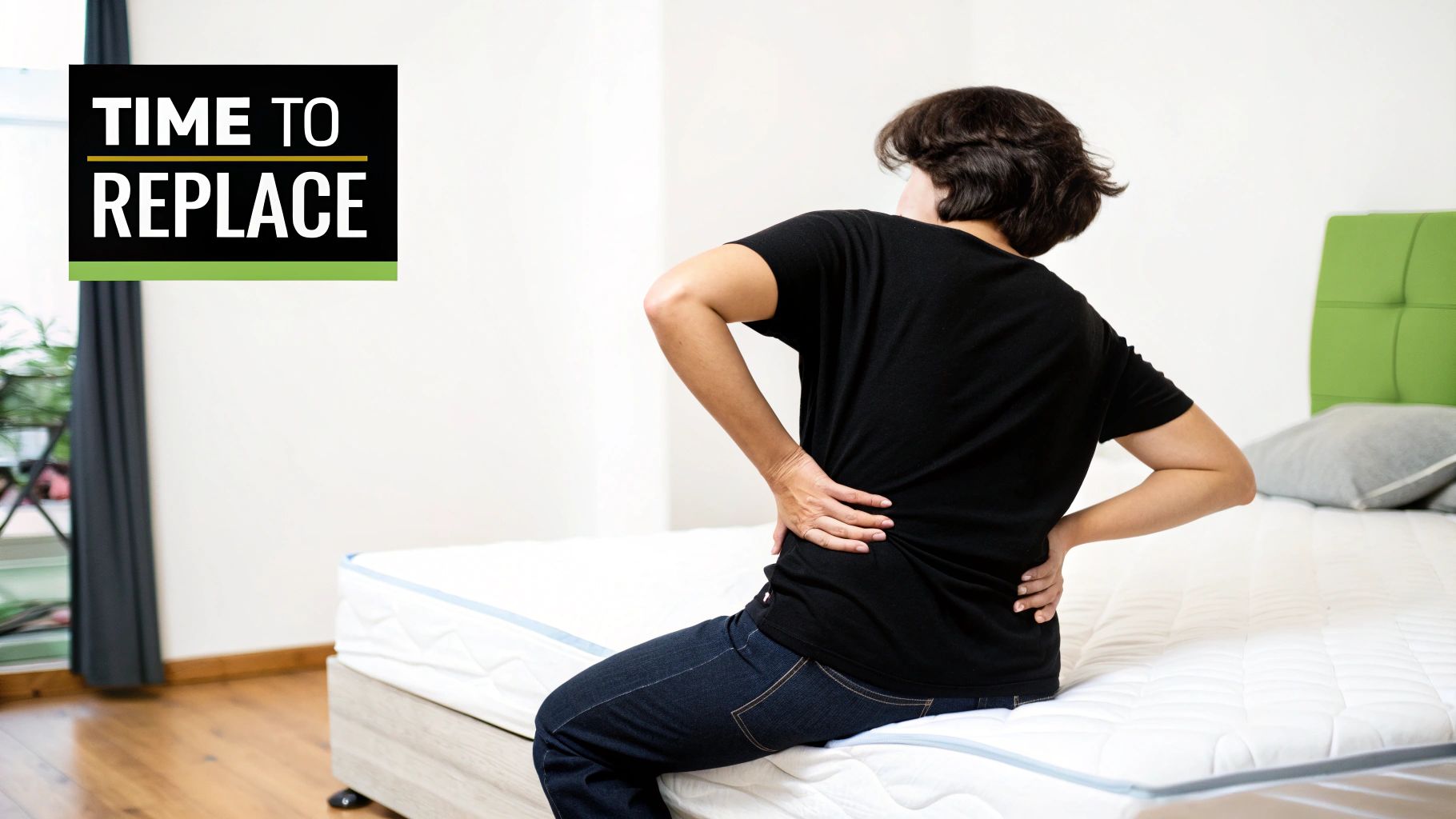 A person sitting on a mattress and holding their lower back in pain, with text overlay 'TIME TO REPLACE'.