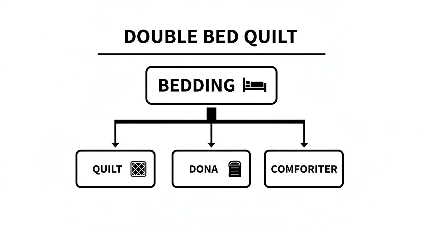 A flowchart illustrating different bedding types for a double bed, including quilt, dona, and comforter.