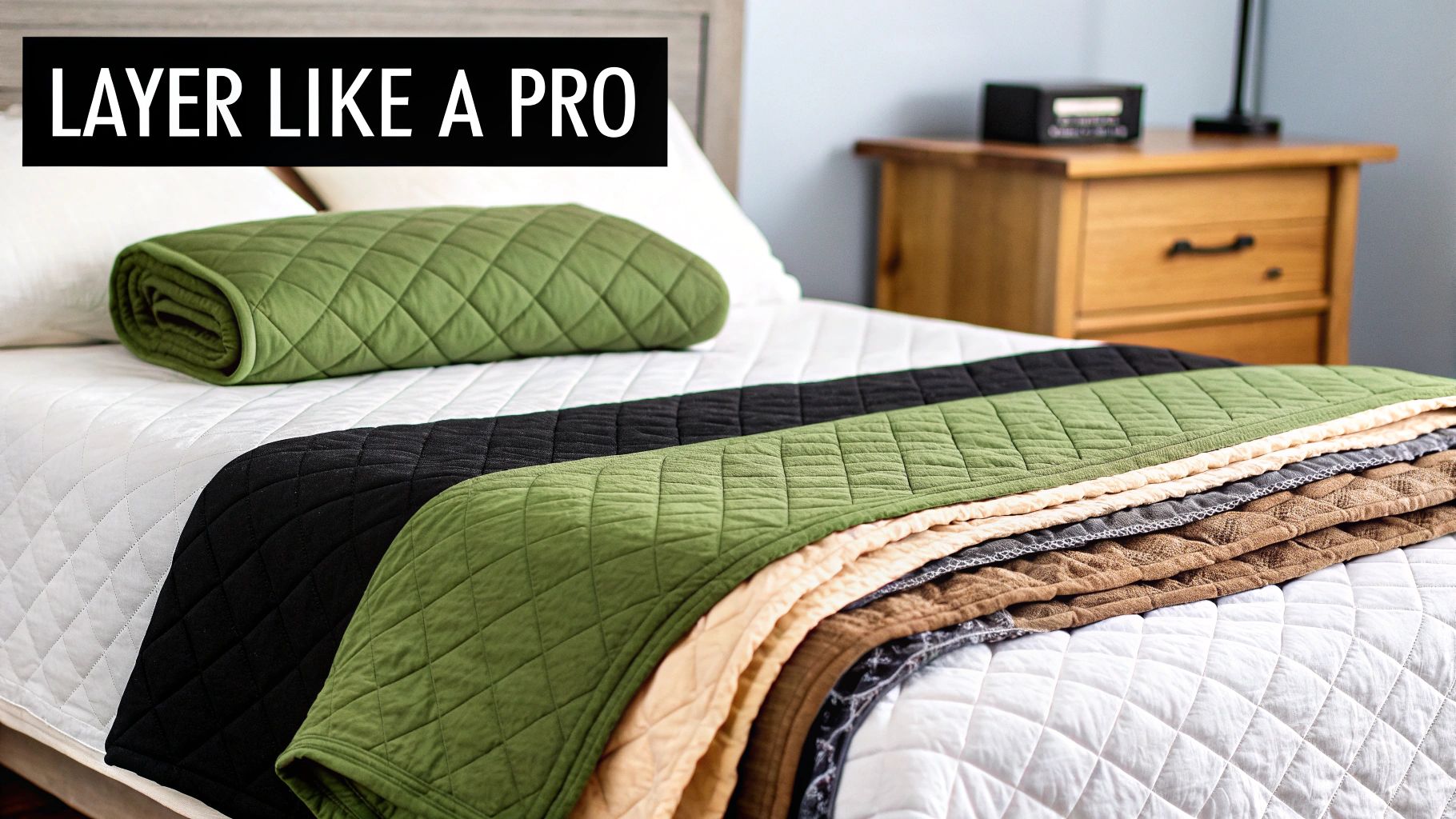 A bed styled with multiple layered quilted blankets in white, black, green, beige, and brown.
