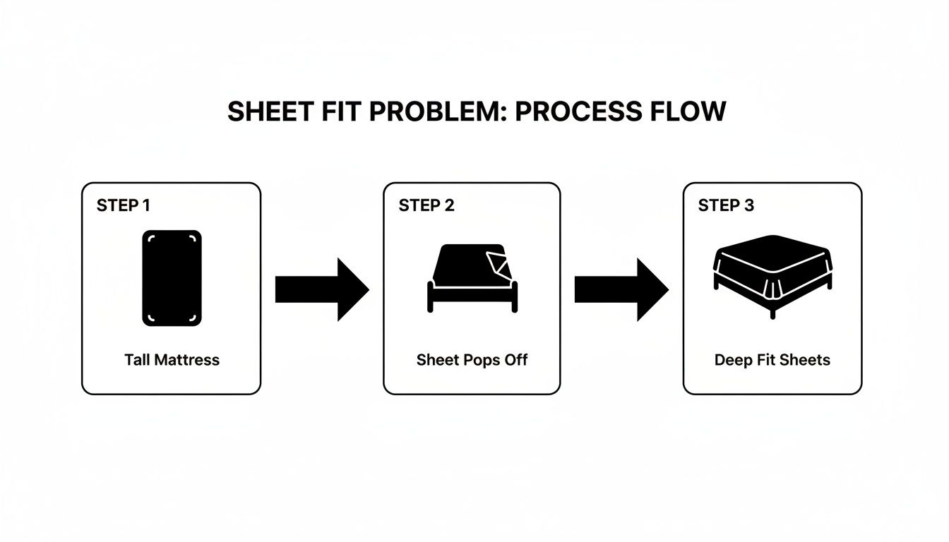 Process flow diagram illustrates how deep fit sheets solve the common problem of sheets popping off tall mattresses.