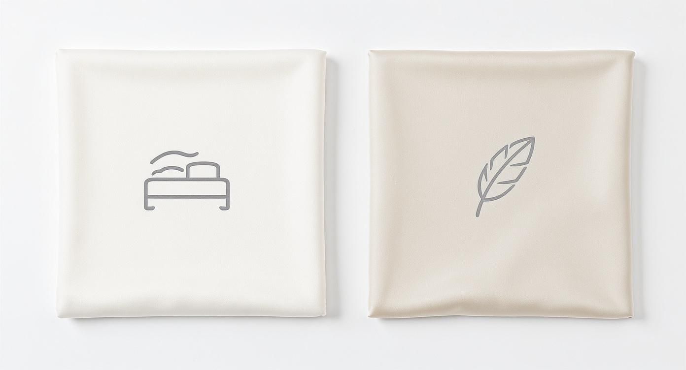 Infographic comparing the crisp feel of percale cotton with the silky feel of sateen cotton.