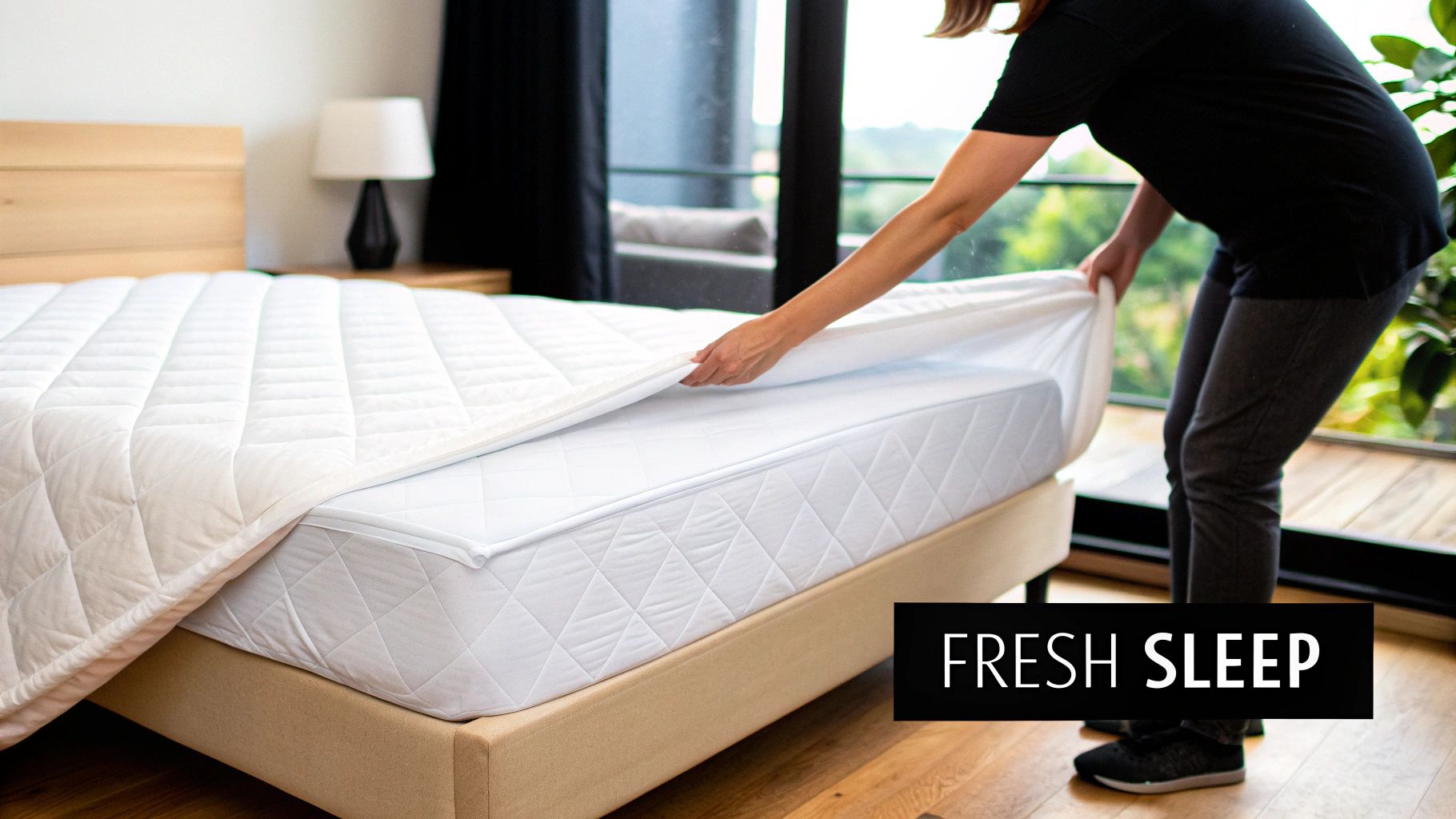 A clean, fresh bed with a neatly made mattress pad visible under the sheets.