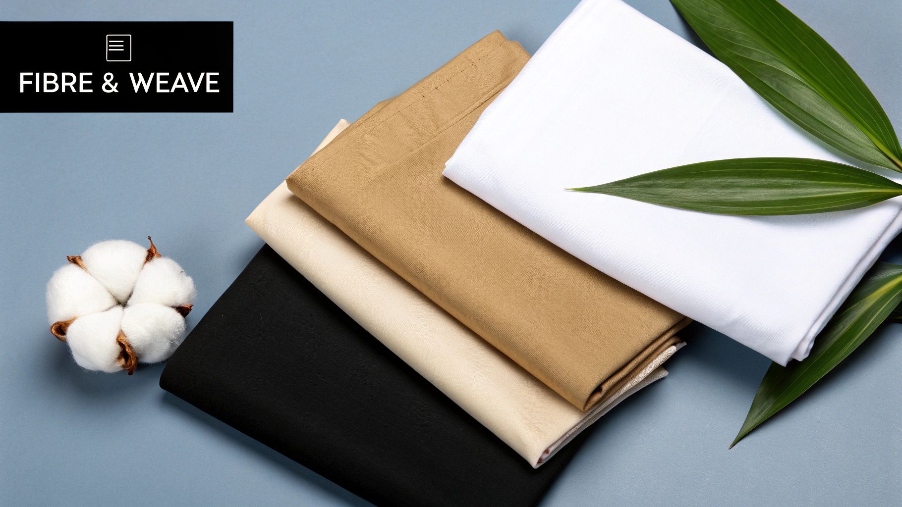 Folded cotton fabrics in black, beige, tan, and white, with a cotton boll and green leaves.
