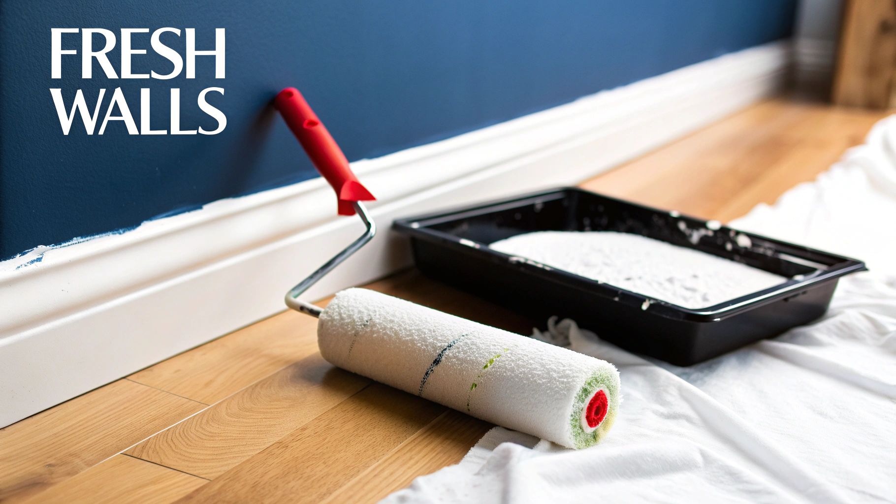 A freshly painted bedroom wall in a calming sage green colour, with a paint roller and tray nearby.