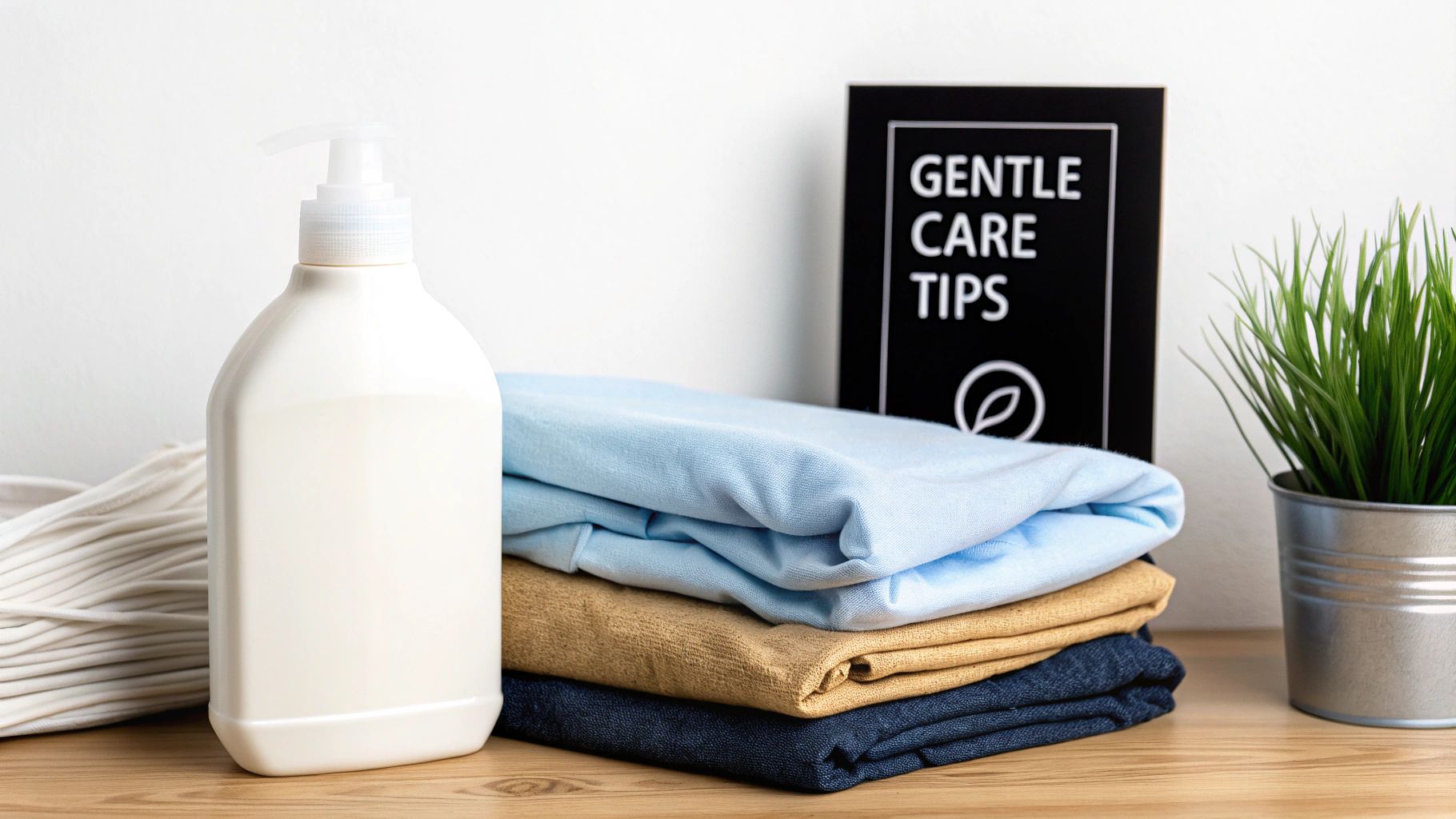 A white pump bottle, folded blue, brown, and dark blue clothes, and a 'Gentle Care Tips' sign on a wooden surface.