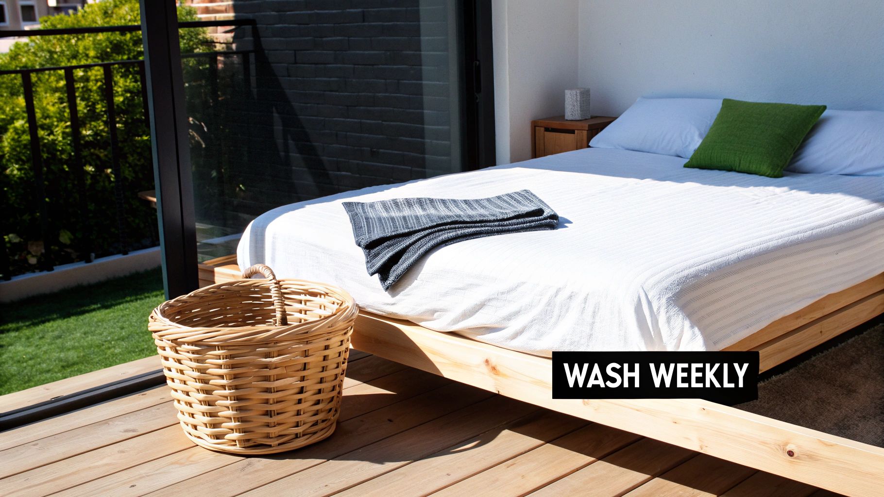 A bright bedroom with a white bed, green pillow, grey blanket, and wicker laundry basket on wooden floor.