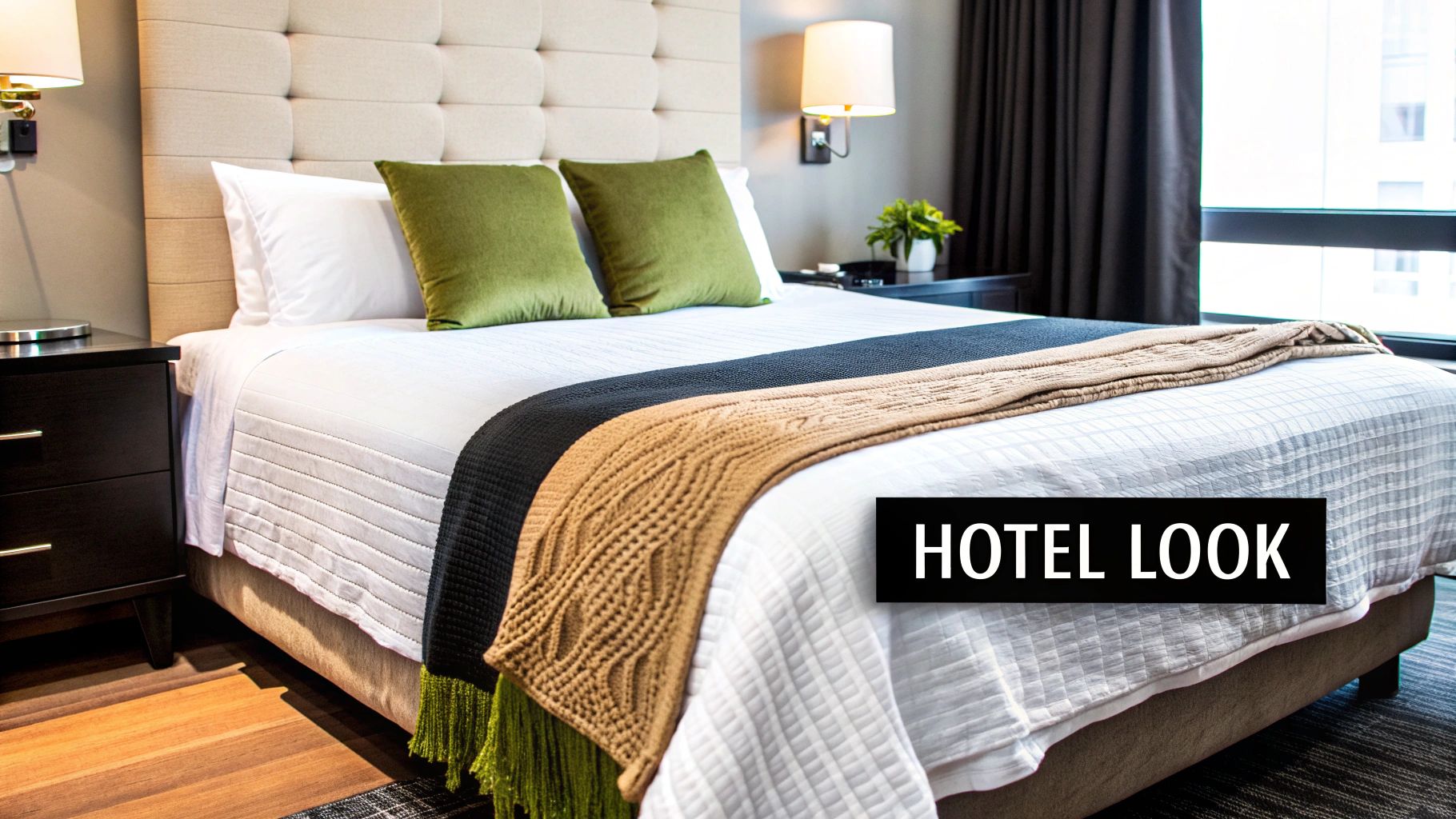 A luxurious hotel bedroom with a neatly made bed, vibrant green pillows, and stylish black and brown throws.