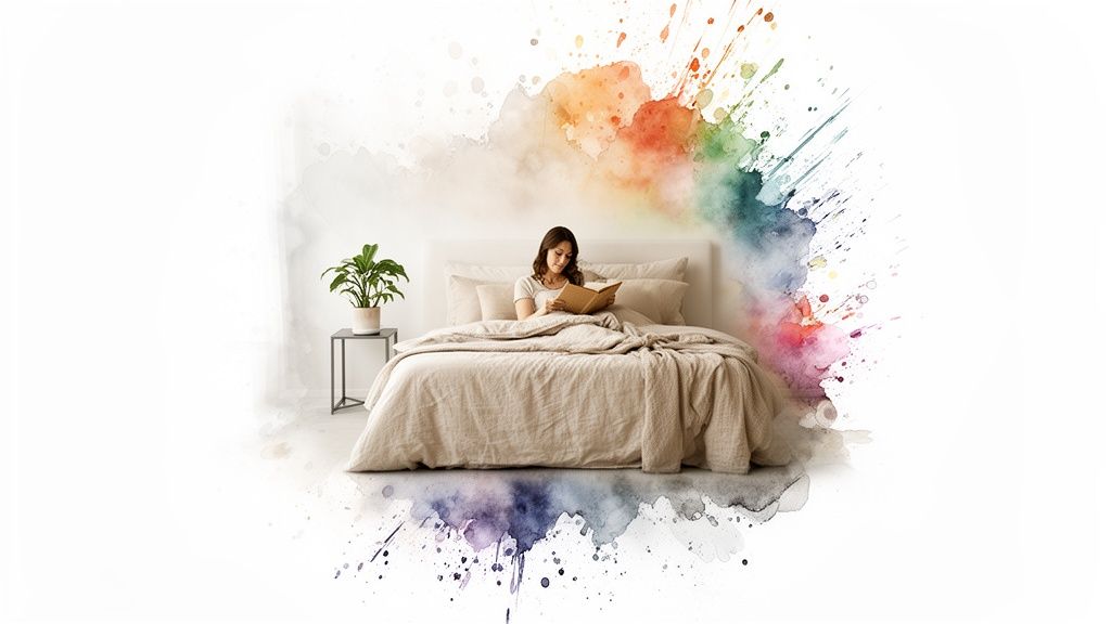 A woman comfortably reads a book in bed, with colorful watercolor art surrounding the scene.