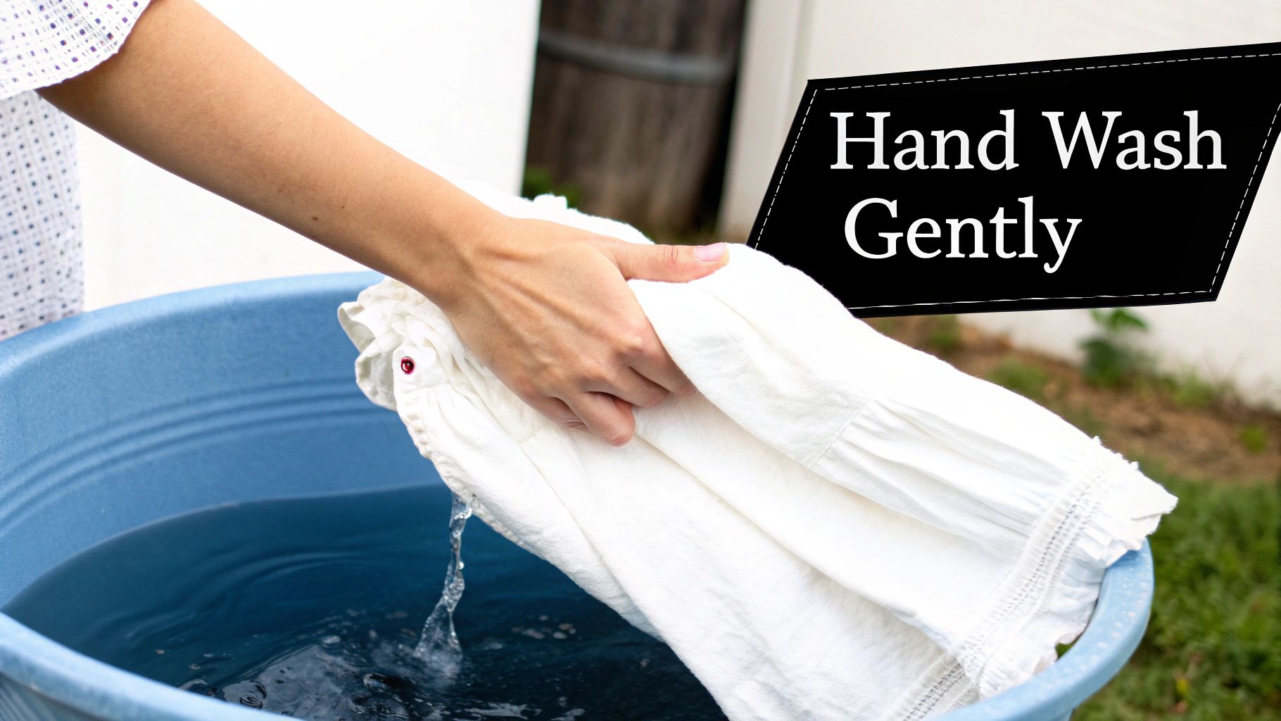 Close-up of hands gently washing linen fabric in a basin of water.