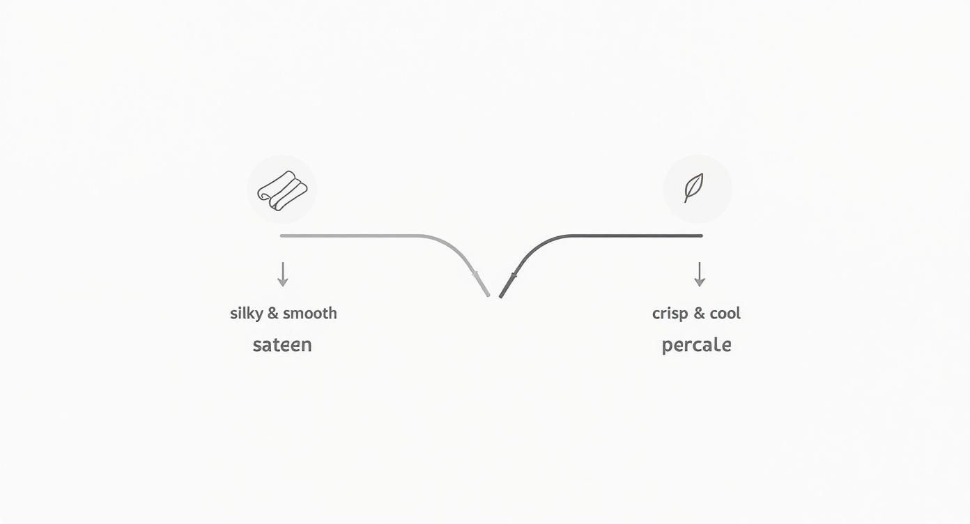 Comparison diagram showing sateen fabric as silky and smooth versus percale fabric as crisp and cool