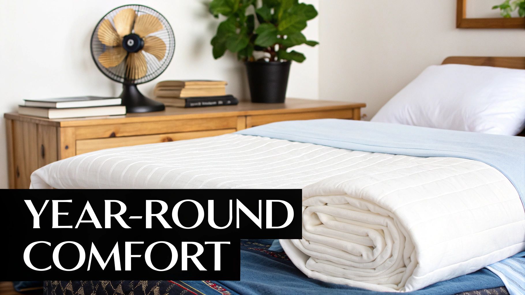A person sleeping comfortably under a lightweight coverlet in a sunlit room.