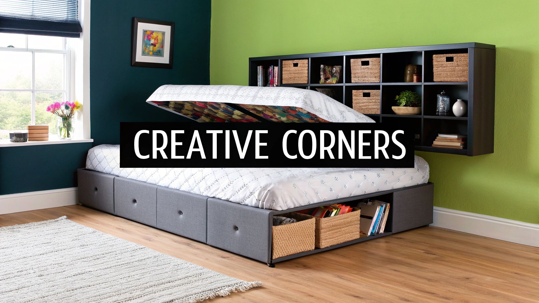 A stylish bedroom with an ottoman bed, floating shelves, and a neat bedside table.