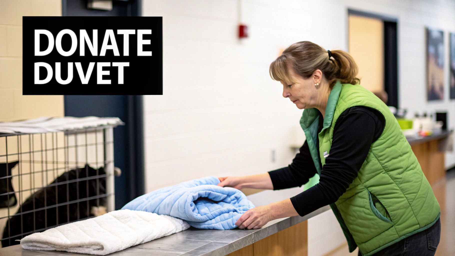 A woman folds soft blue and white blankets on a counter at an animal shelter, next to a "DONATE DUVET" sign.