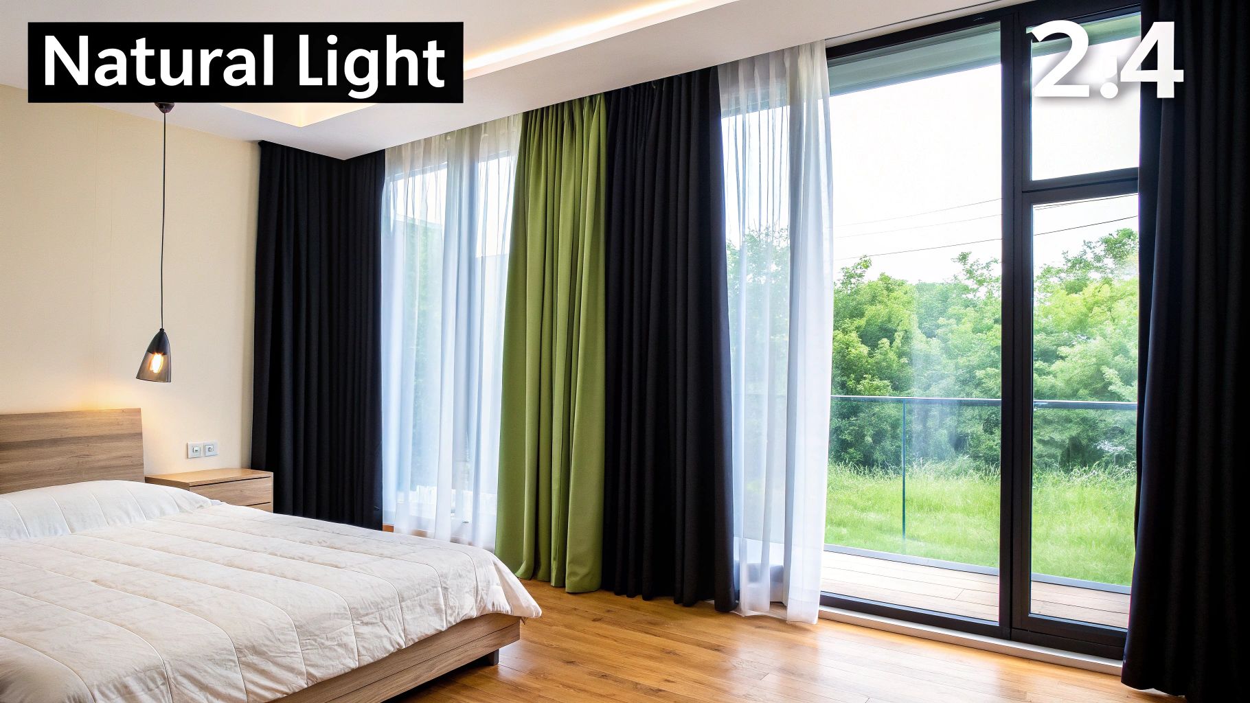 A bright bedroom with large windows, green trees outside, a cozy bed, and modern curtains.
