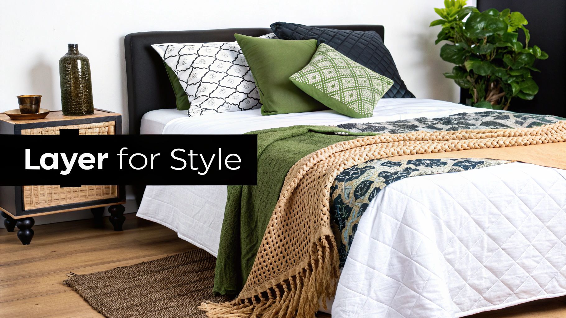 A cozy bedroom with a layered bed, green and beige throws, various pillows, and a wooden side table.