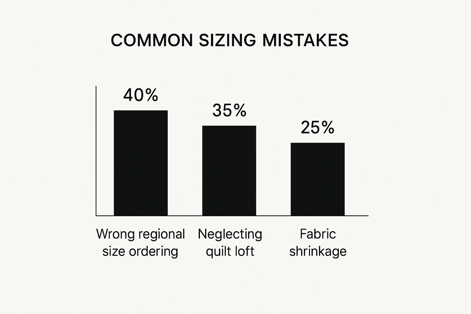 Infographic showing common quilt cover sizing mistakes, with bars for ordering the wrong regional size, neglecting quilt loft, and fabric shrinkage.