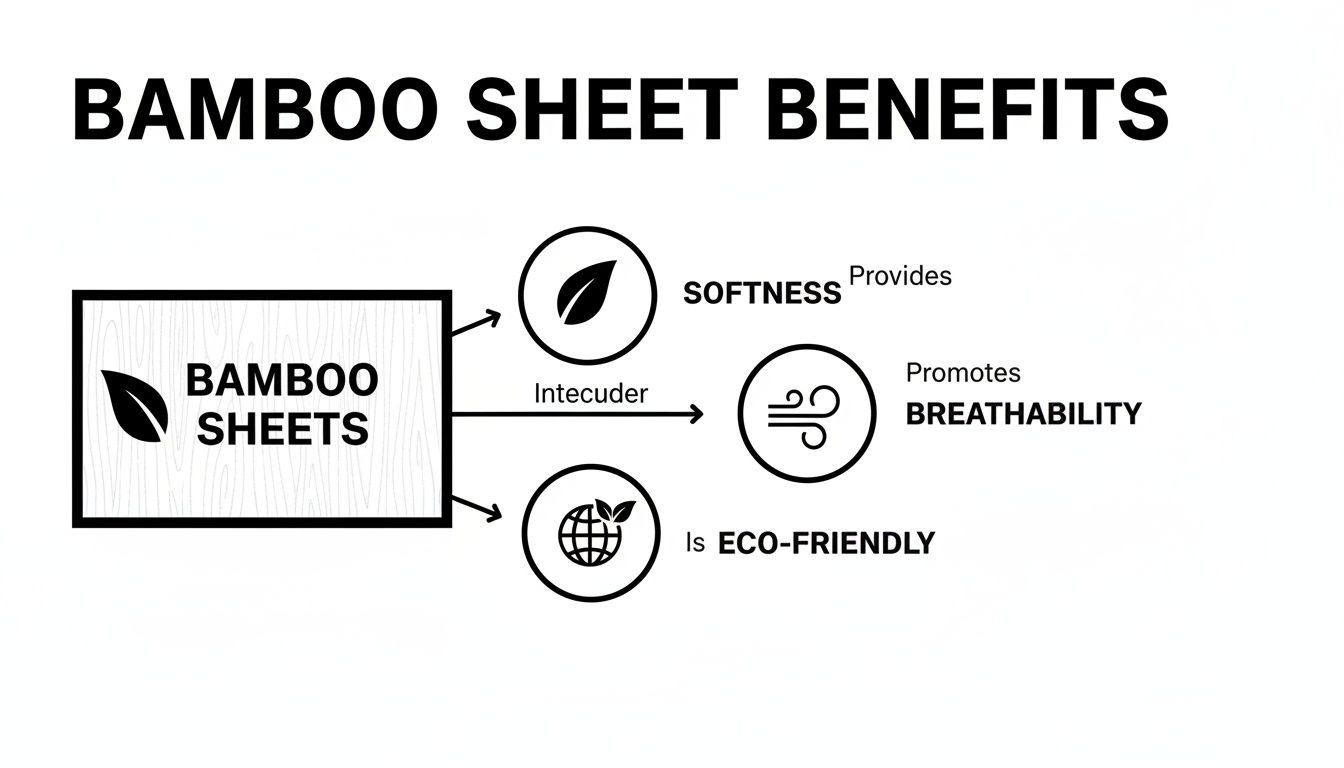 Infographic outlining the benefits of bamboo sheets, highlighting softness, breathability, and eco-friendliness.