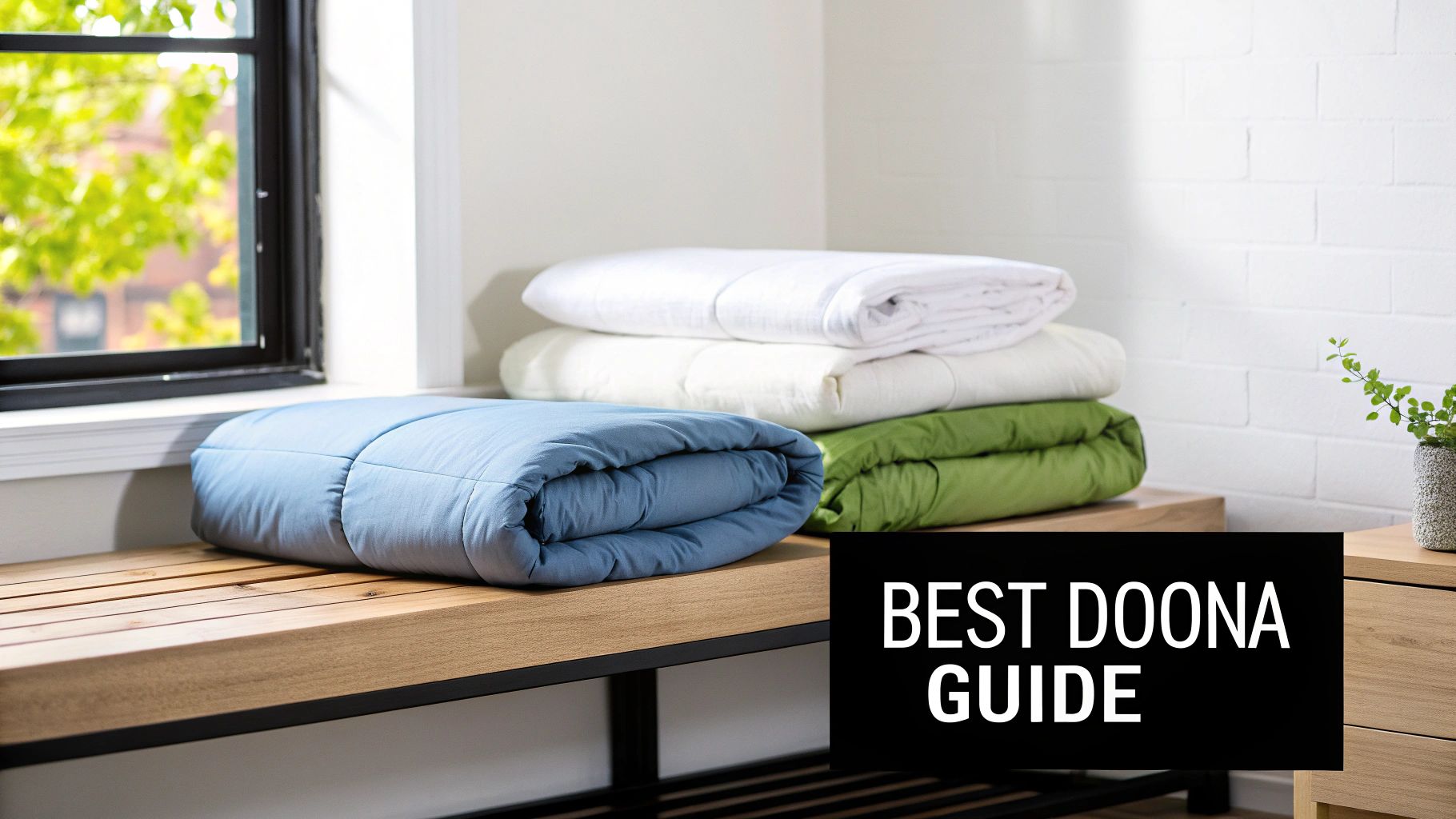 A stack of colorful folded doonas, including blue, white, and green, on modern wooden furniture.