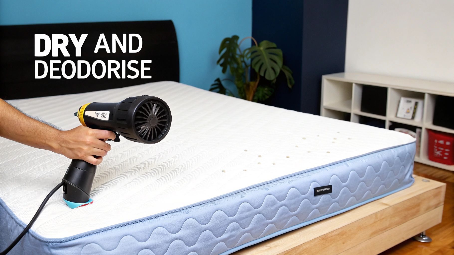A hand holds a handheld dryer to dry and deodorize a white mattress, showing a cleaning process.