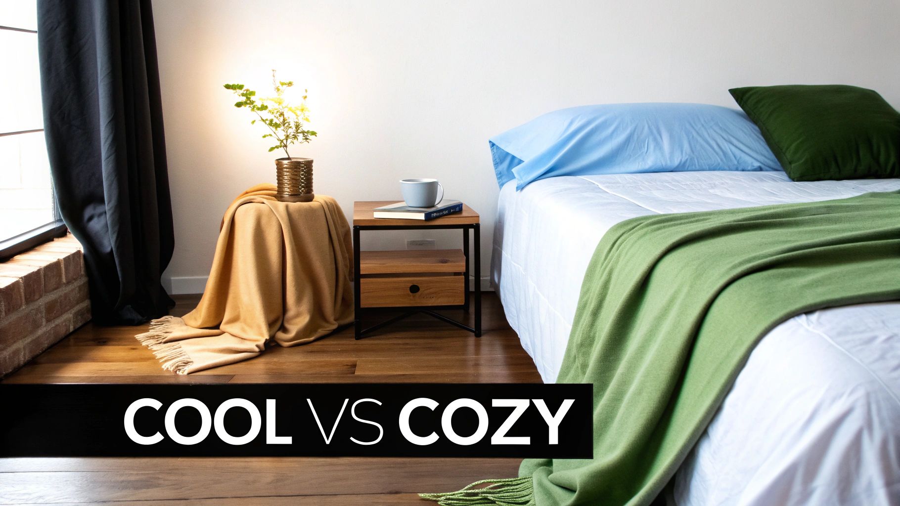 A bedroom scene contrasting cool and cozy styles with blankets, pillows, and a nightstand.