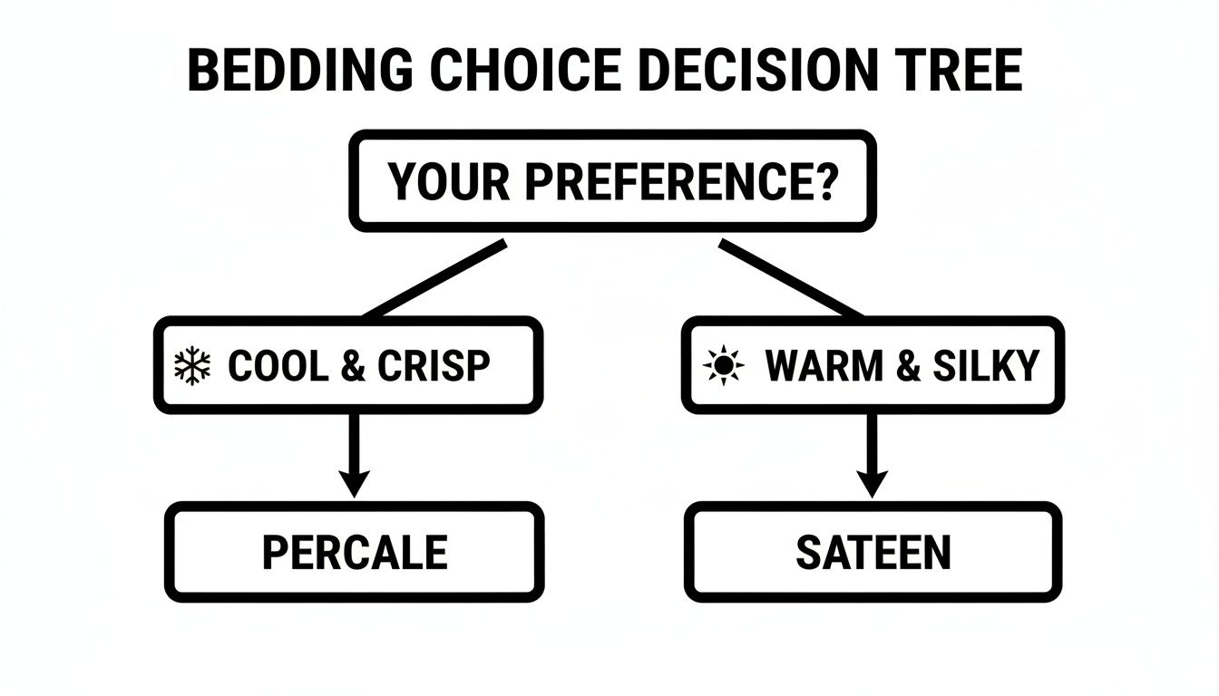 A bedding choice decision tree, recommending Percale for cool and crisp, and Sateen for warm and silky.