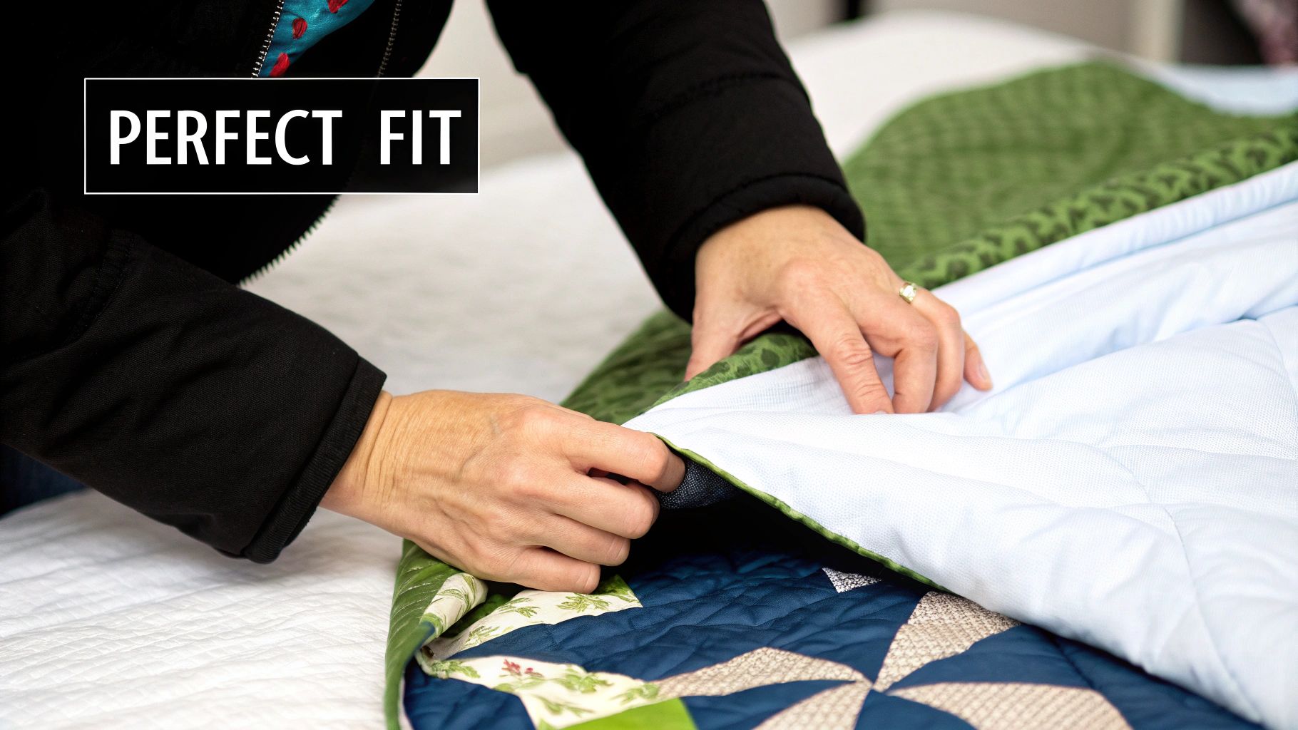 A person tucking a quilt into a perfectly fitting cover
