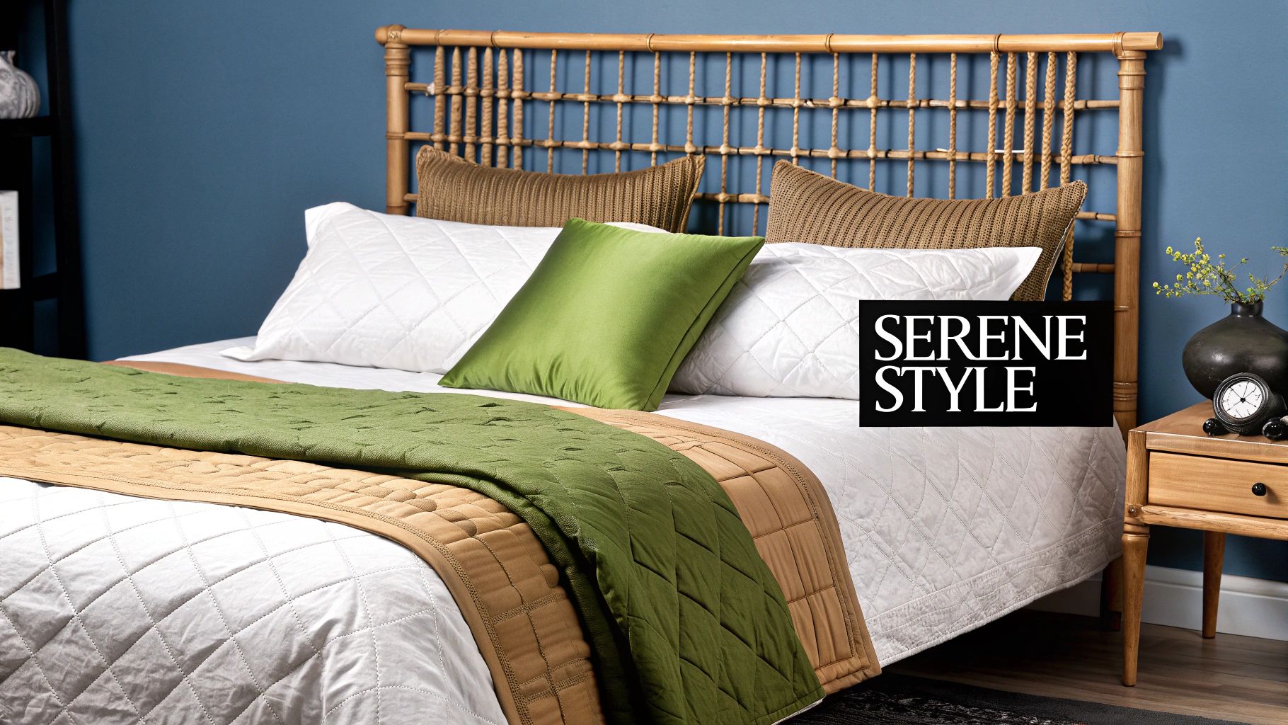 A stylish bedroom featuring a bamboo headboard, white and green quilted bedding, and accent pillows.