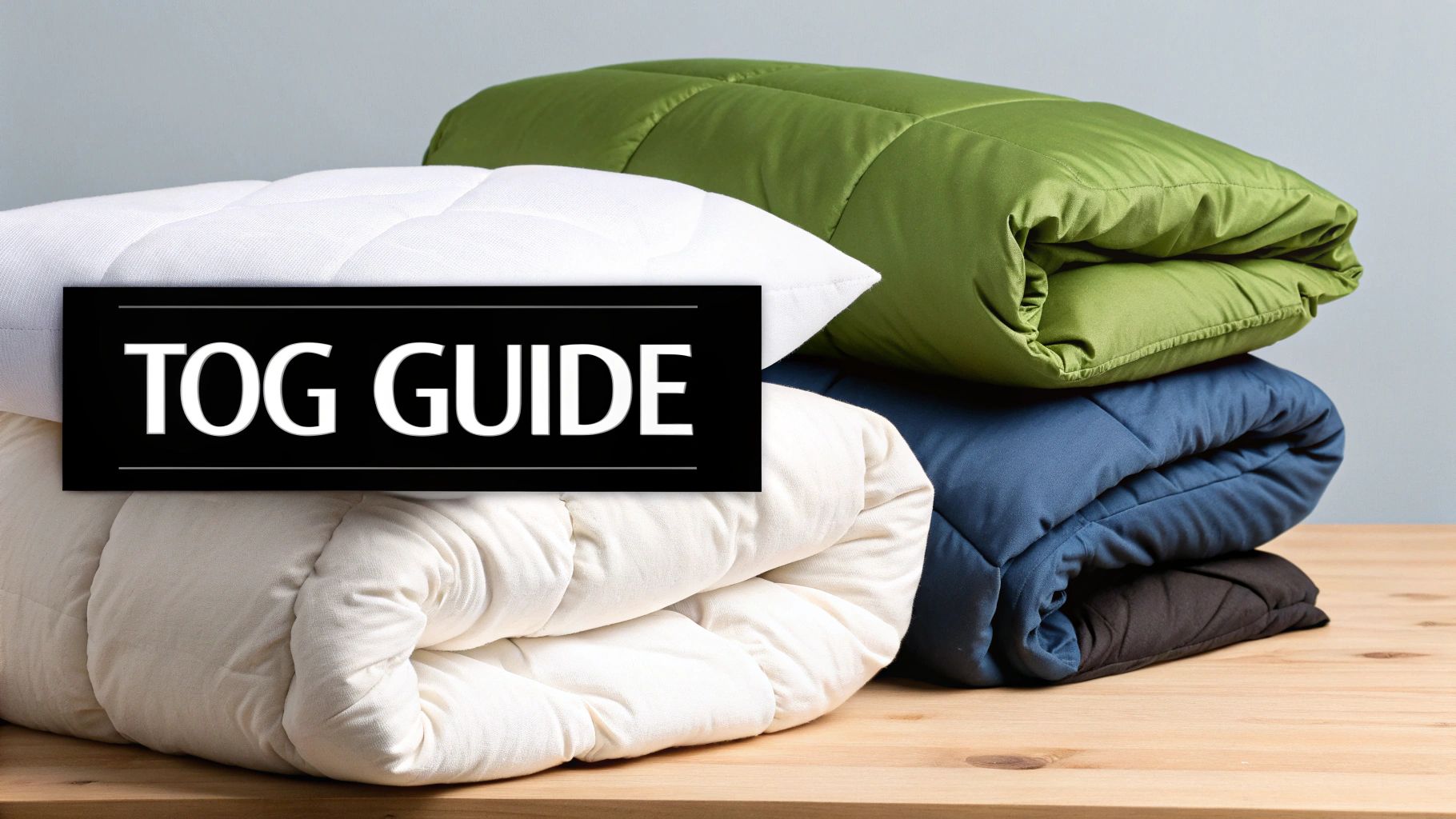 A stack of folded comforters in green, blue, black, and white, with a 'TOG GUIDE' text overlay.