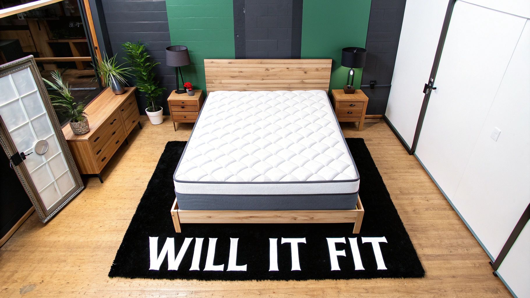 An overhead shot of a bedroom featuring a bed, mattress, nightstands, and a rug that says 'WILL IT FIT'.