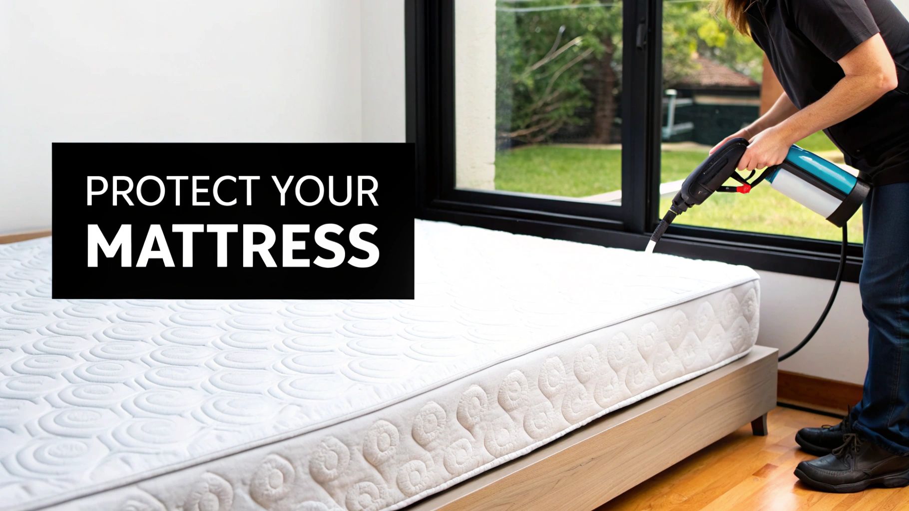 A person sprays a white mattress with a cleaning tool, protecting it from stains.