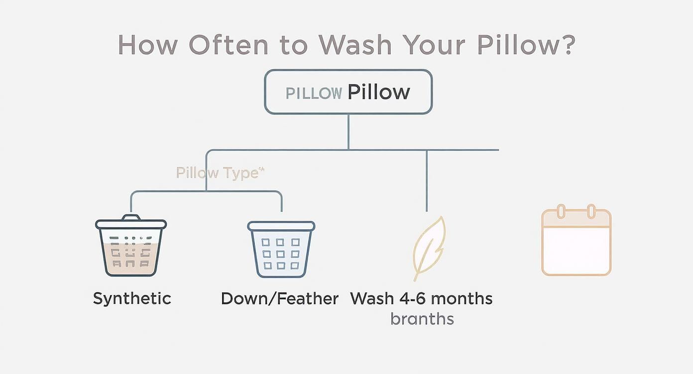 Infographic decision tree about how often to wash a pillow, showing synthetic and down pillows should be washed every 4-6 months.