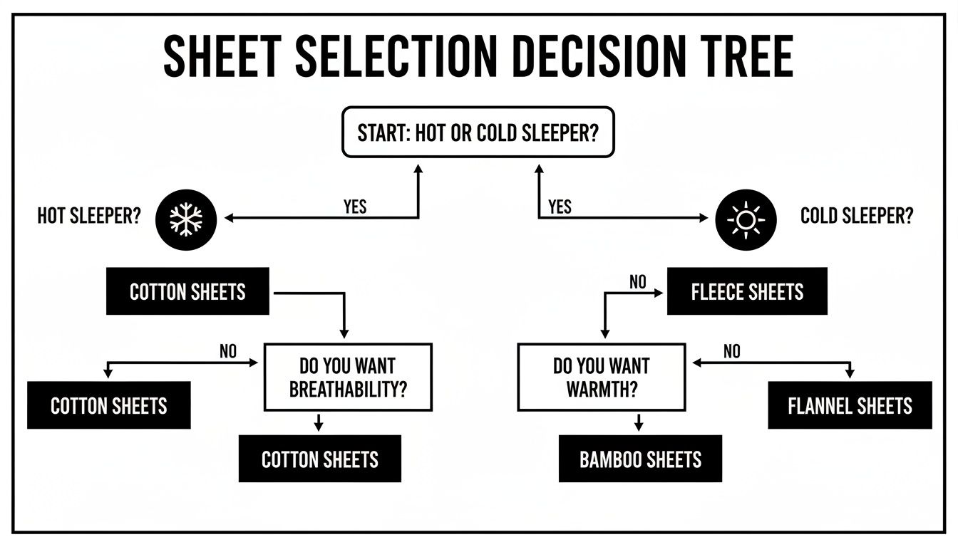 A decision tree flowchart for selecting bed sheets based on whether you are a hot or cold sleeper.