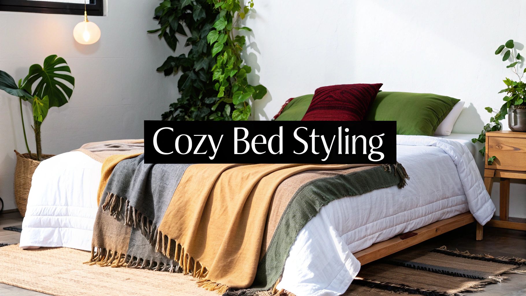 A cozy bed styled with multiple textured blankets in earthy tones, two pillows, and potted plants in a bright room.