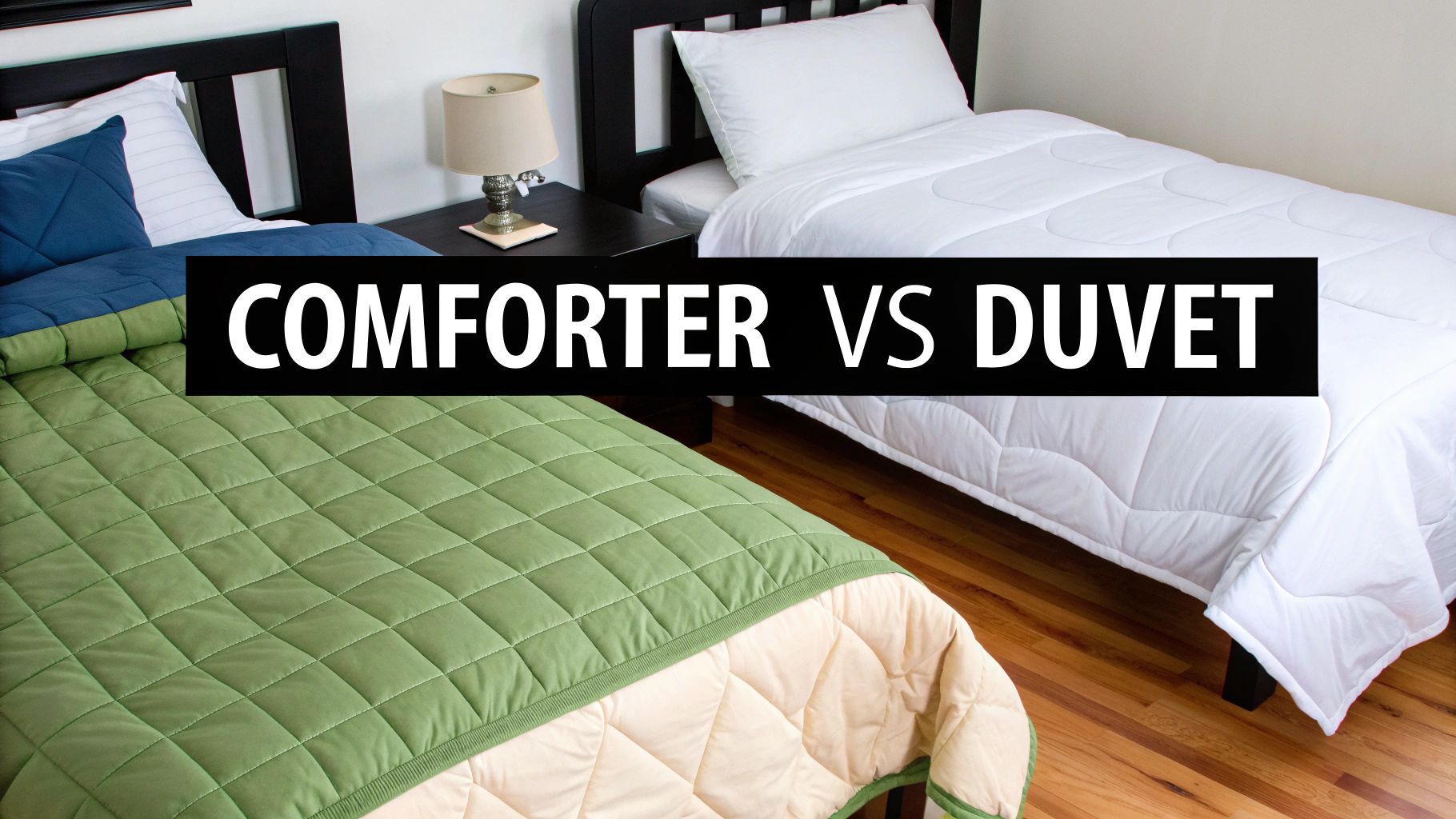 Two beds showcasing a green and blue comforter and a white duvet, illustrating a bedding comparison.