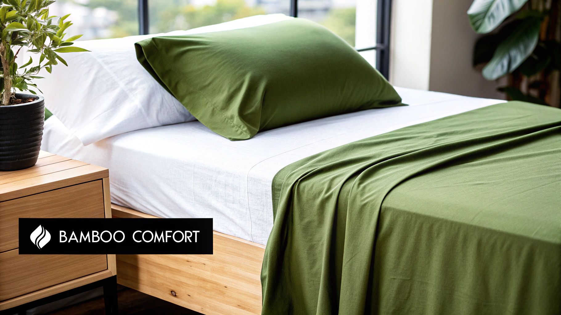 Comfortable bed setup with white bamboo sheets, a soft green pillow, and a matching bed runner.