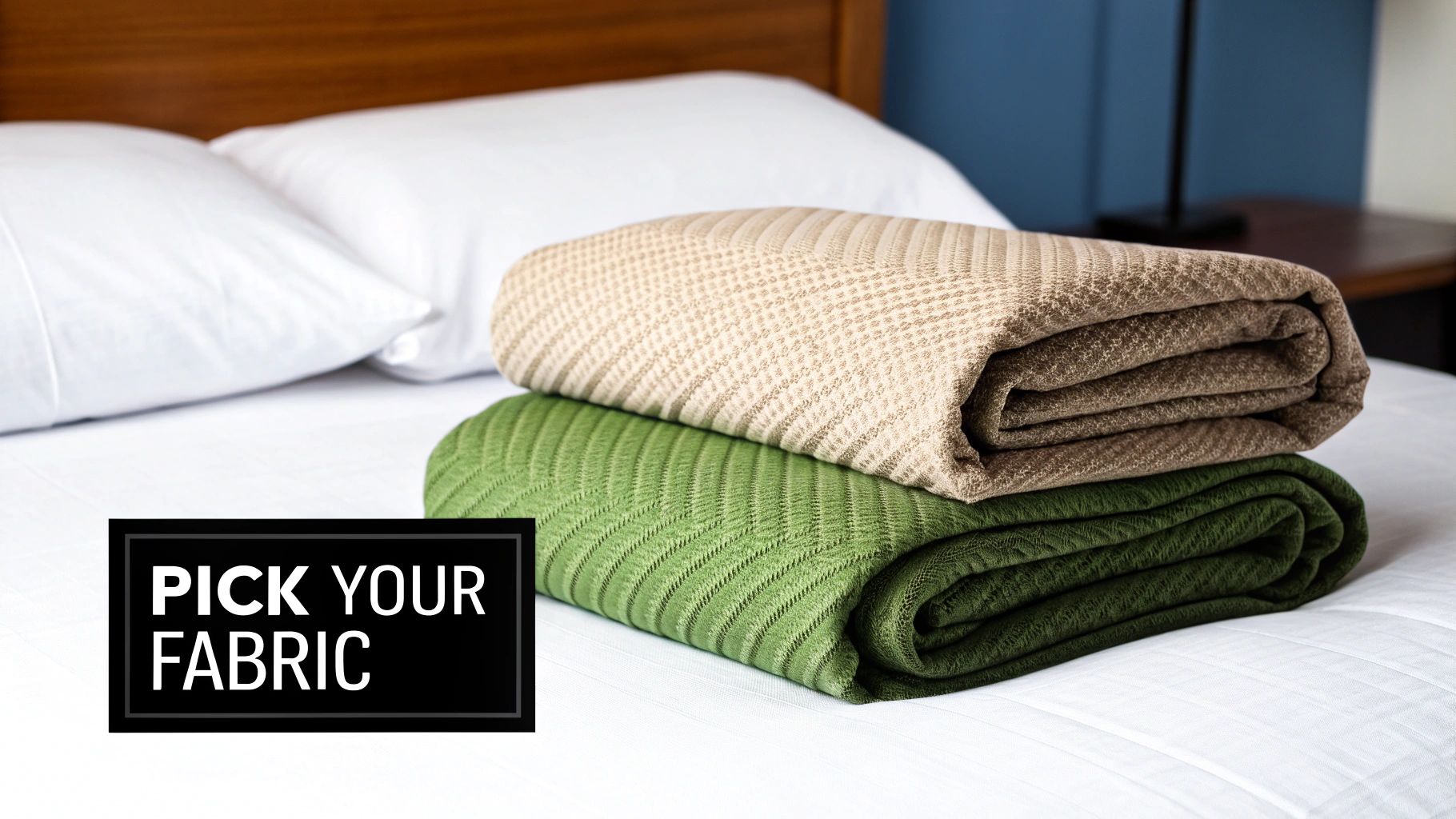 Two cozy folded blankets, one beige and one green, stacked on a white bed.