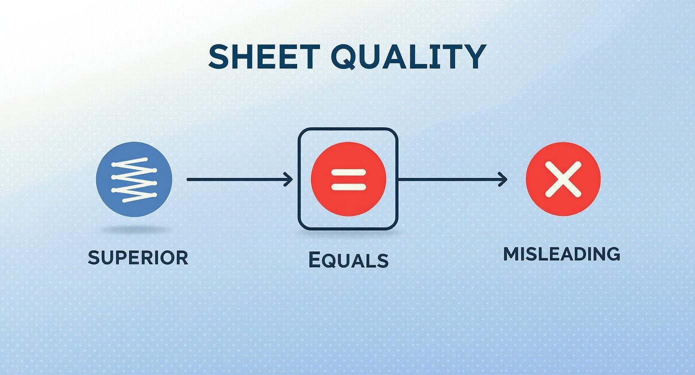 Flowchart titled 'Sheet Quality' illustrating a blue 'Superior' icon leading to an 'Equals' symbol, then a red 'Misleading X' icon.