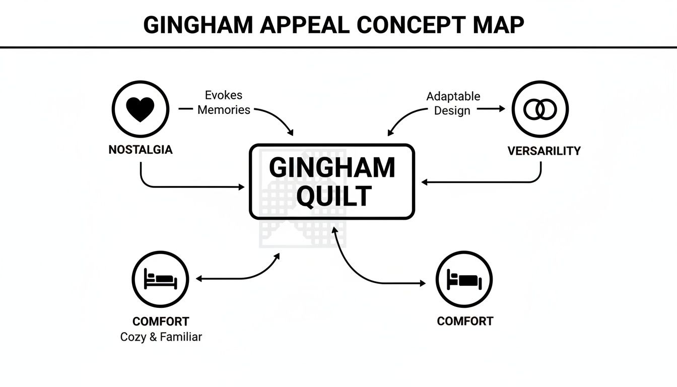 A concept map illustrating the appeal of a gingham quilt, linking to nostalgia, versatility, and comfort.
