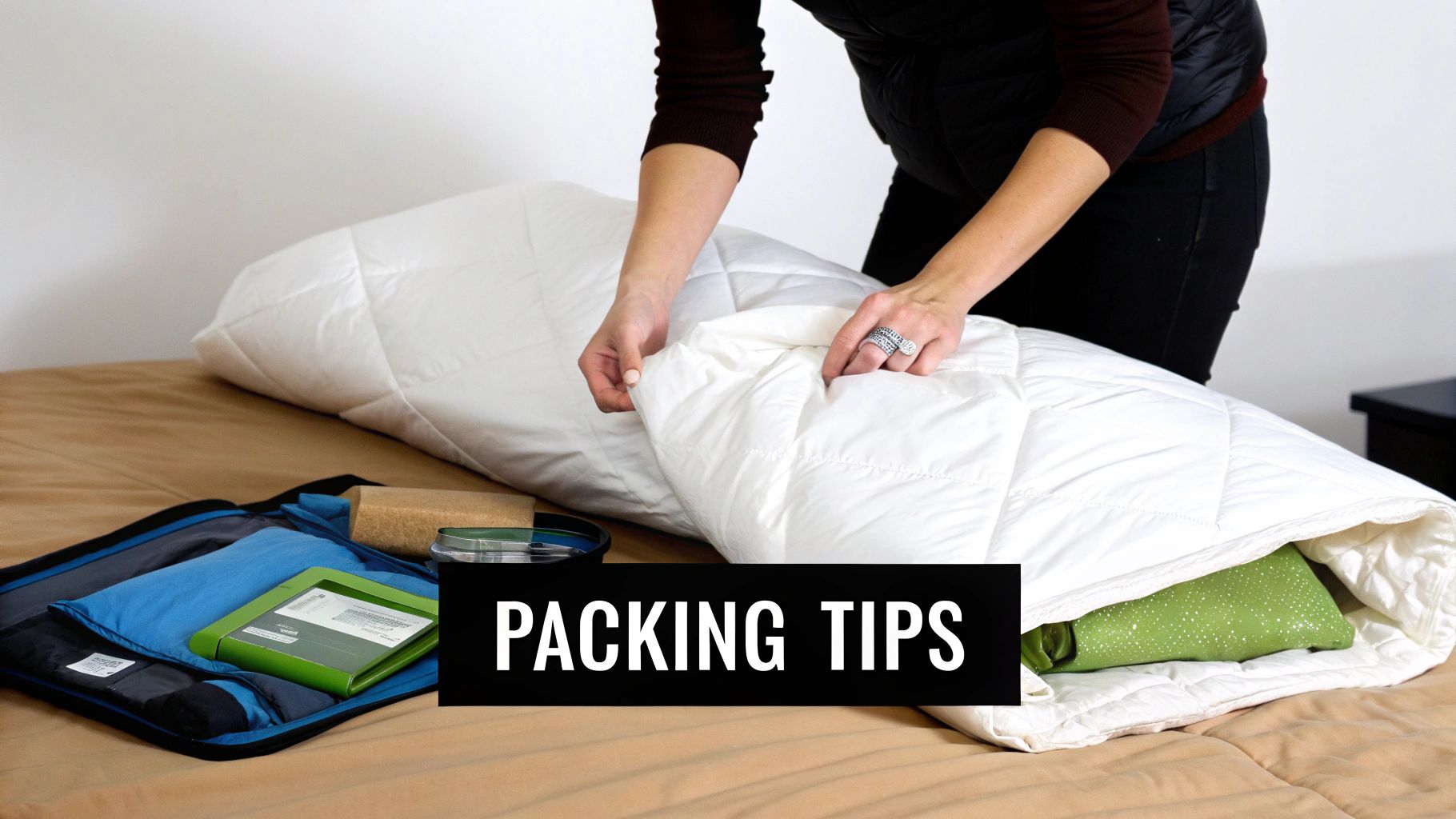 A person neatly folding a large comforter before placing it into a storage bag.
