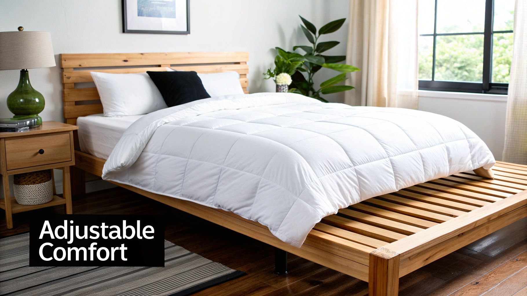 A bright bedroom featuring a wooden bed with white bedding, nightstand, and a green lamp, emphasizing comfort.
