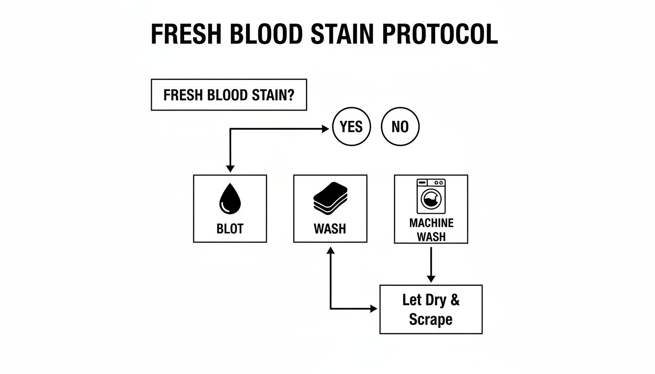 Flowchart illustrating the fresh blood stain protocol with steps for both fresh and dry blood.