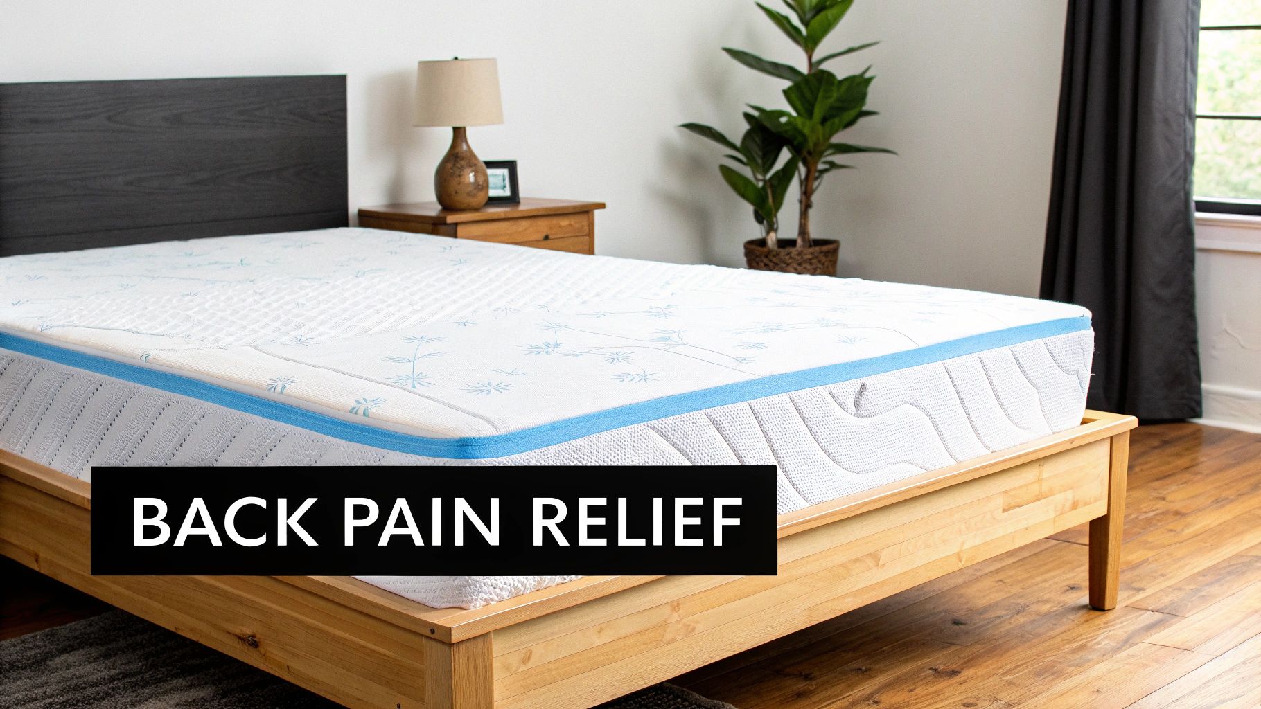 Woman stretching her back in bed, suggesting back pain from an uncomfortable mattress.