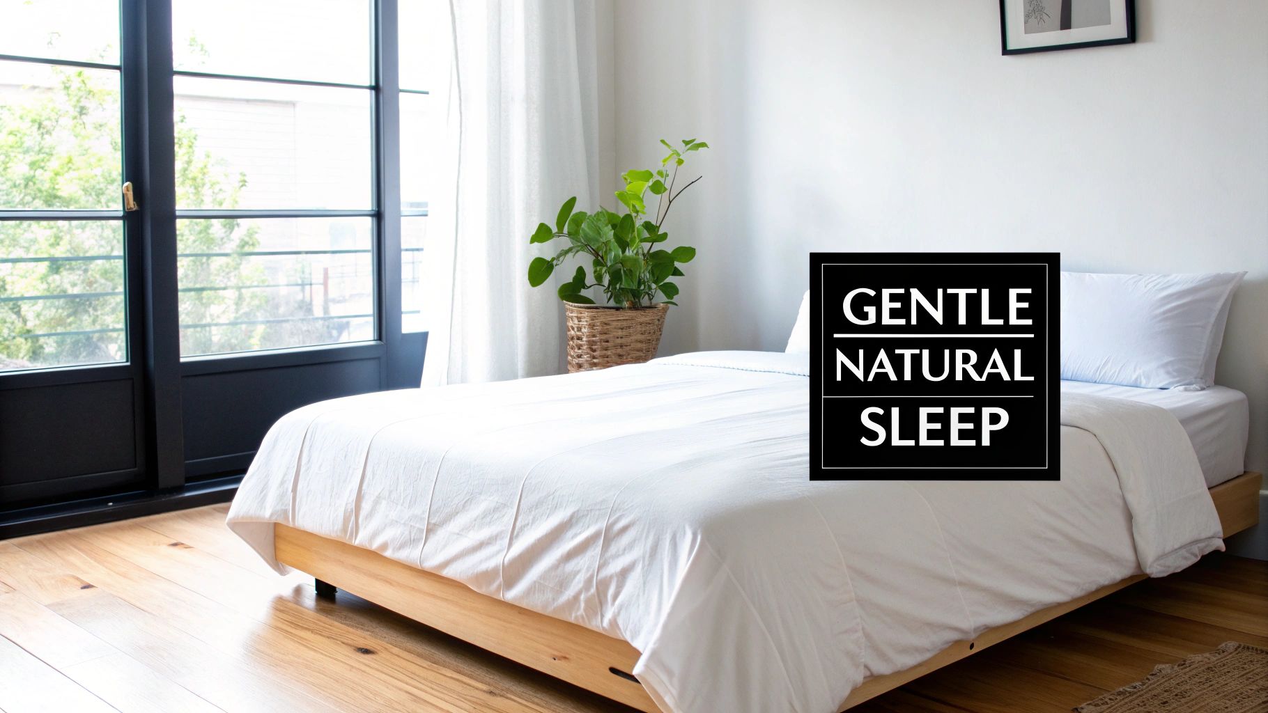 A neatly made bed with white organic cotton sheets, bathed in soft morning light.