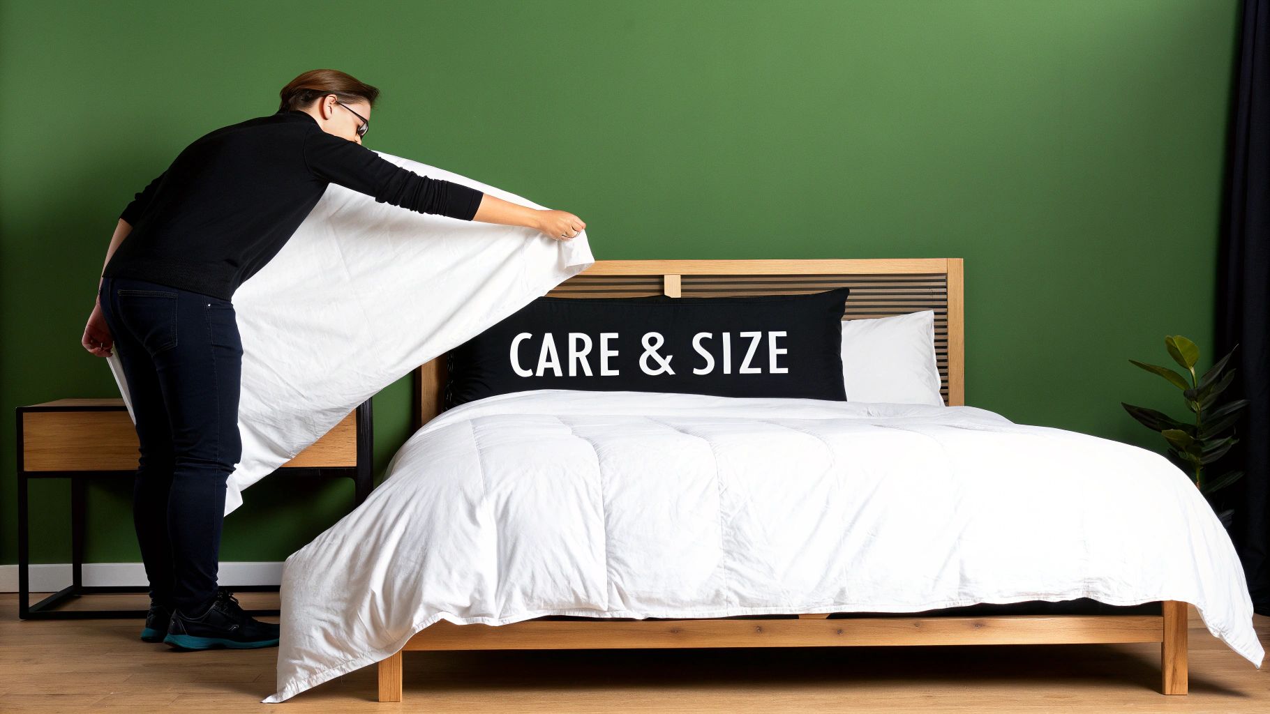A person making a bed, placing a white comforter over a black "CARE & SIZE" body pillow.