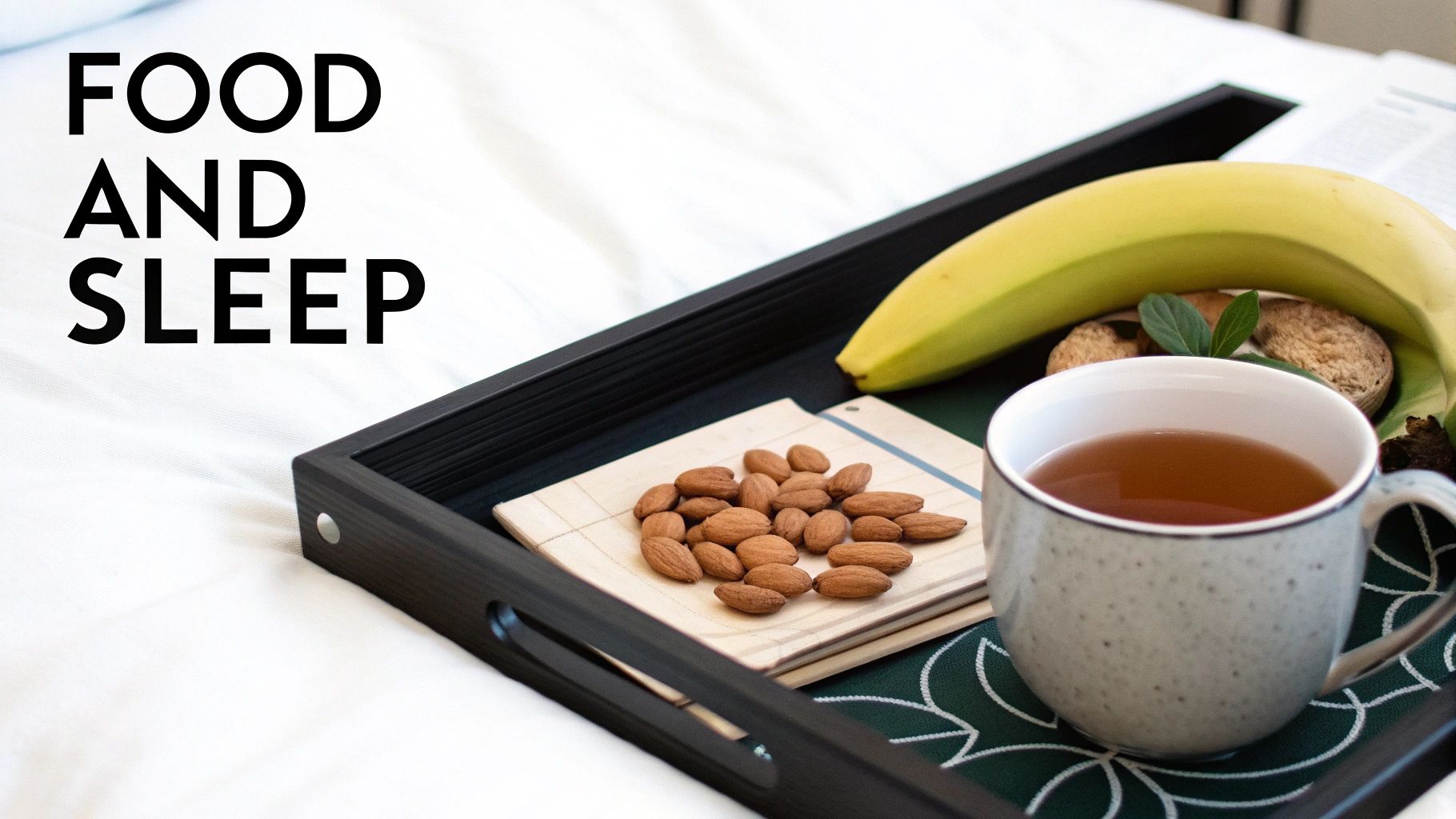 Healthy foods like nuts, fruits, and vegetables arranged on a kitchen counter, suggesting a link between diet and sleep.