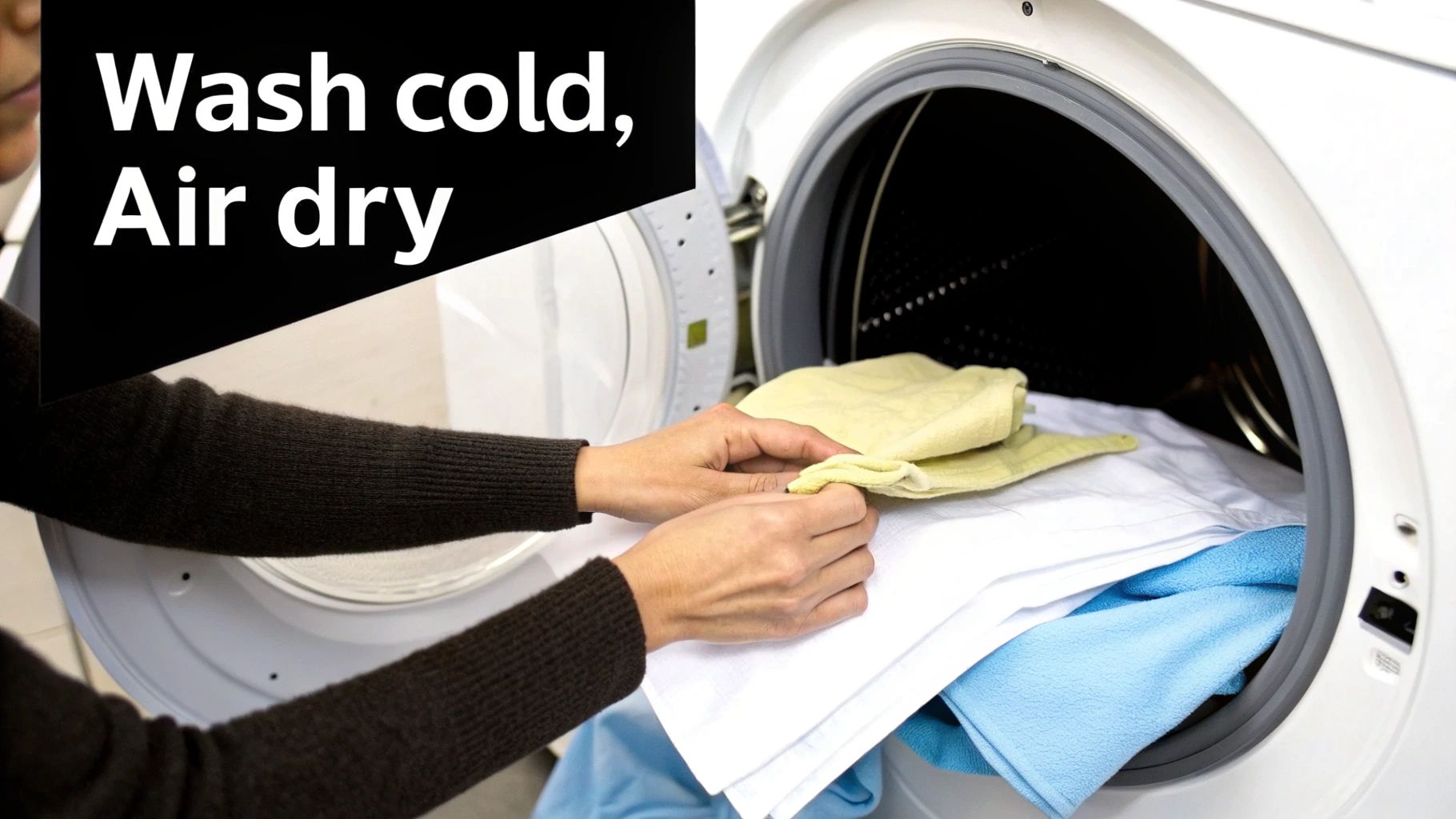 Washing machine with clean bed sheets inside.