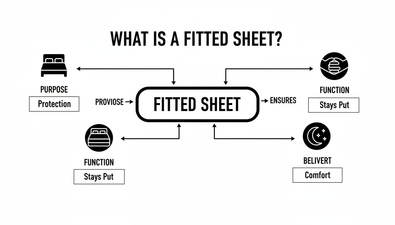 A diagram titled 'What is a Fitted Sheet?' outlining its purpose of protection, function of staying put, and delivering comfort.