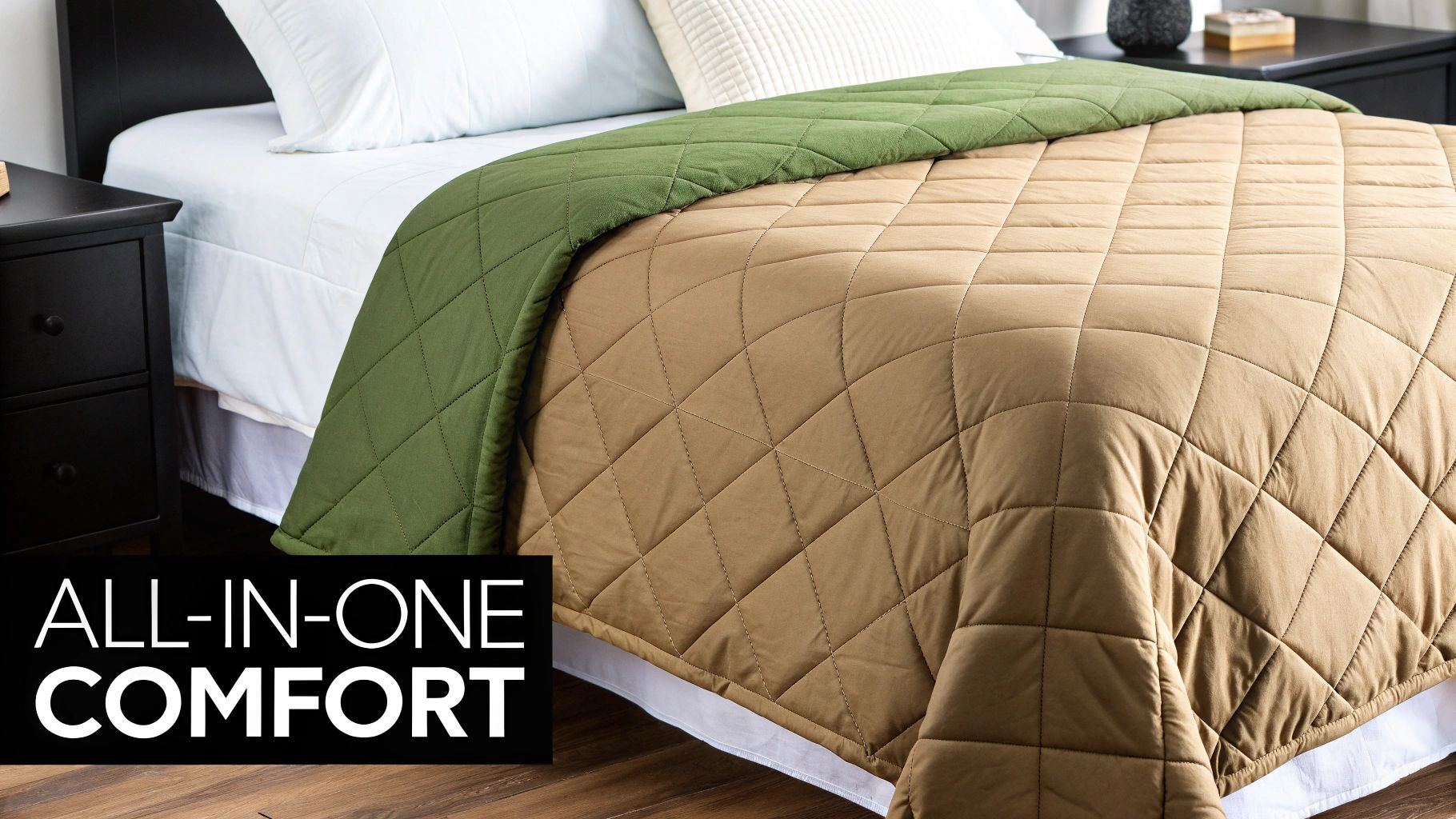 A cozy bed featuring a green and tan reversible quilted comforter with white sheets.