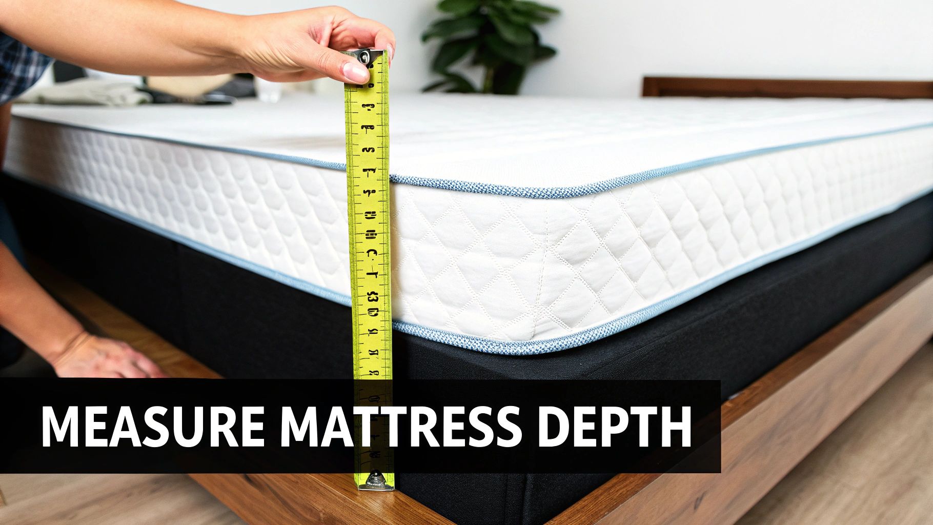 Person measuring mattress depth with yellow tape measure to determine proper bedding size